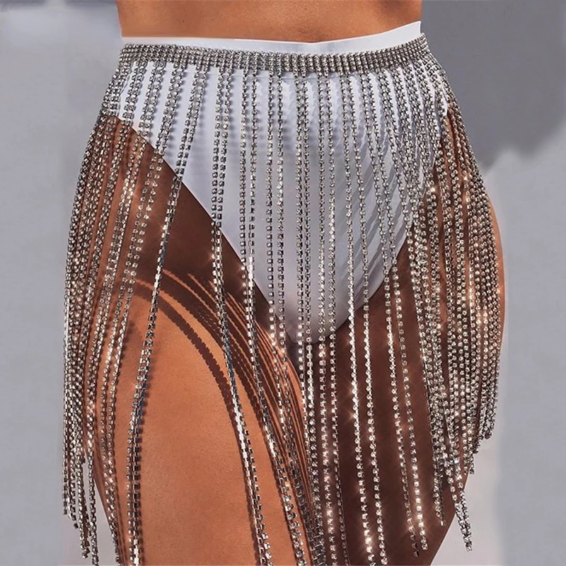 

Glitter Rhinestone Long Tassel Skirts Gold Silver Crystal Diamonds Loose Adjustable Sexy Women Summer Beach Bikini Mini Skirt