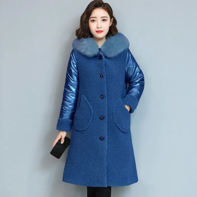 Faux Lamb Fur Coat Long Loose Thick Warm Winter Jacket Women 2023 Granule Sheep Cut Velvet Ladies Parkas Hooded Female Clothing