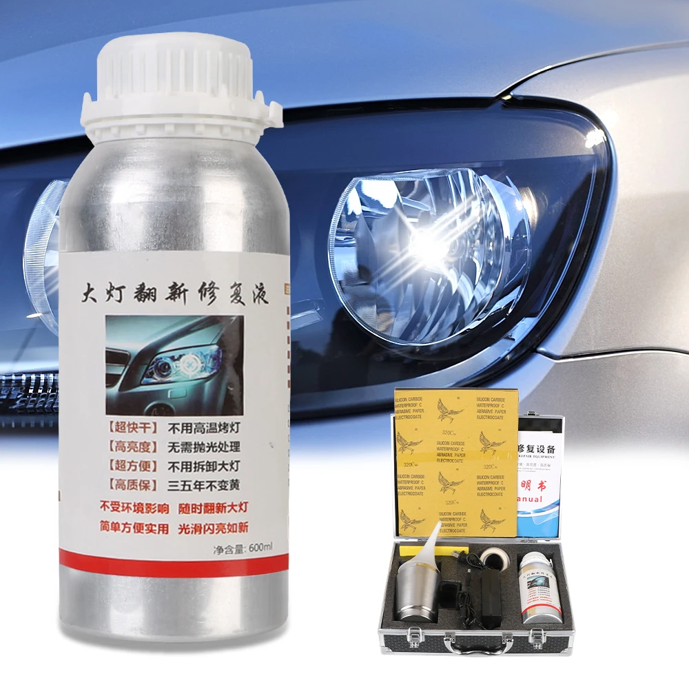 

Lamp Restoration Agent Car Headlight Renovation 600ml Liquid Scratch Polishing Coat 6pcs Sanding Paper Refurbishmen Repair Tools