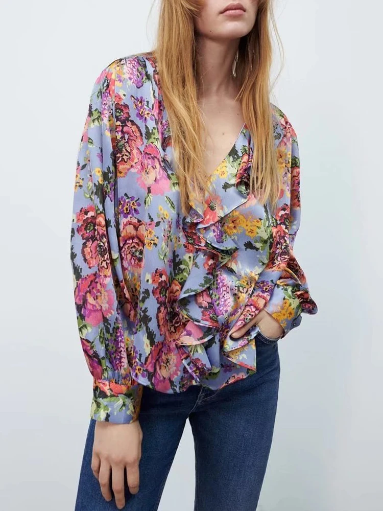 

TFMLN 2022 Летняя женская блузка с цветочным принтом Рубашки повседневные с воротником с оборками однобортные топы с расклешенными длинными ру...