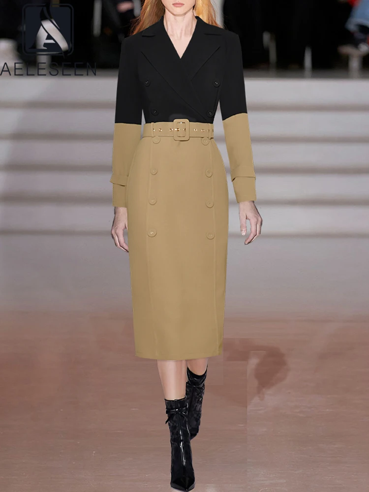 

Женское платье-карандаш AELESEEN, длинное облегающее платье контрастного цвета черного и хаки с разрезом на поясе для офиса на осень и зиму