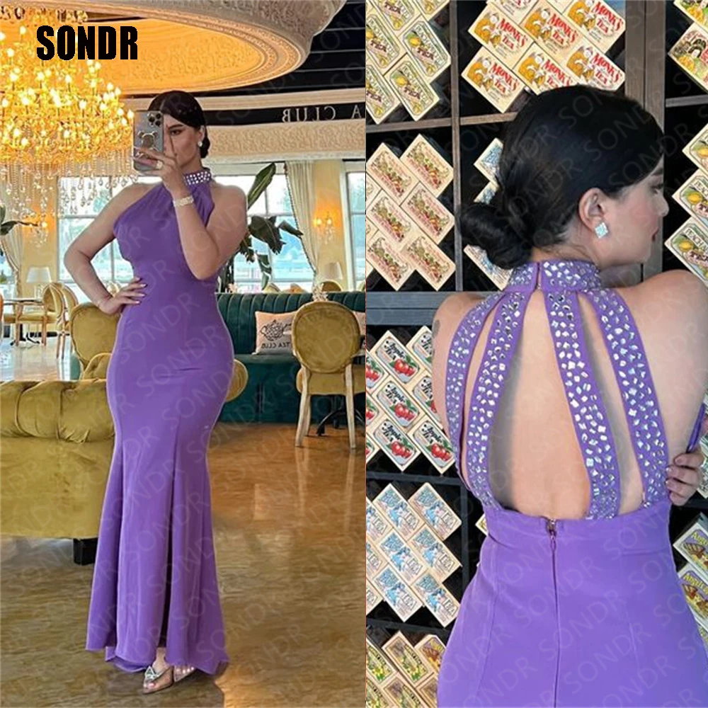 

SONDR Purple Stretch Satin Dubai Prom Dresses Evening Dress Beach Shiny Crystals Formal Occasion Party Gowns Vestidos De Festa