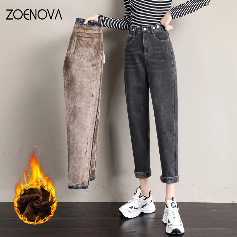 

Winter New Jeans Women Denim Blue Gery Retro Pants Trousers Fleece Warm Regular Pockets Design Sense Trend Vintage Slim
