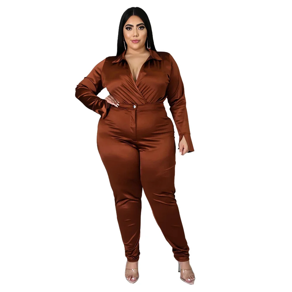 Plus Size Winter Bodysuits Sets Women Clothing Solid Color Long Sleeve v Neck Two Piece Pant Suits Whol 3xl 4xl 5xl 6xl