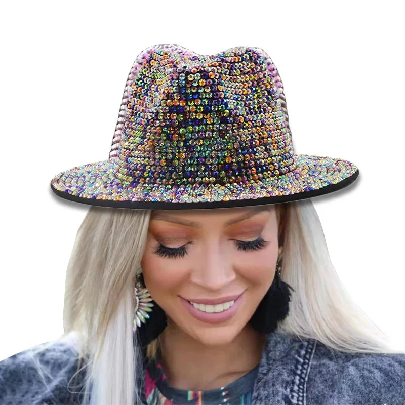 

Fedora hats Women Full Diamond Adjustable Fedora Hat Bling Rhinestone Panama Cap Men Wide Brim Felt Jazz Hats Derby Trilby Hat
