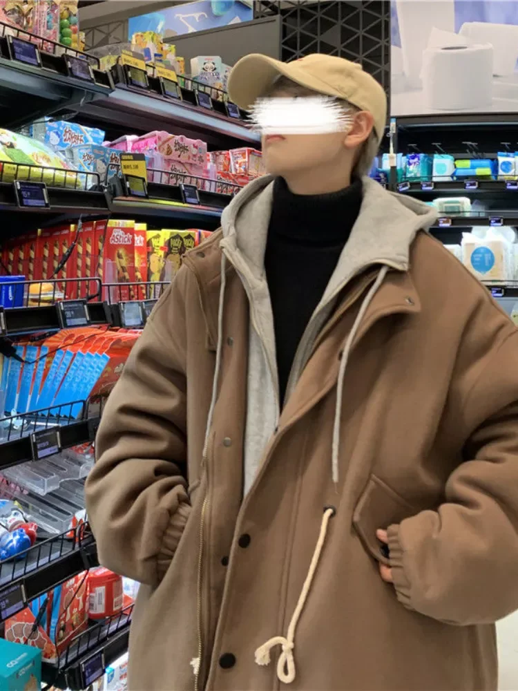 

Hooded Coat Couple Mid-length Fake Two-piece Thickened Mens Winter Padded Men's Trendy Hong Kong Style