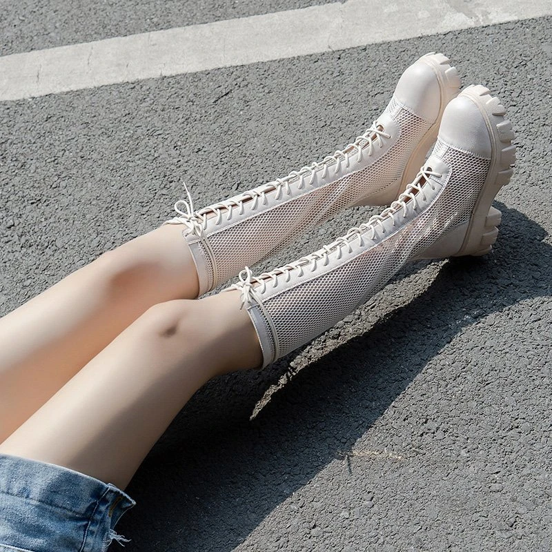 Women Knee High Boots 2023 Summer Fashion Leather Mesh Breathable Runway Shoes Ladies Lace Up Motorcycle Boots Zapatos De Mujer