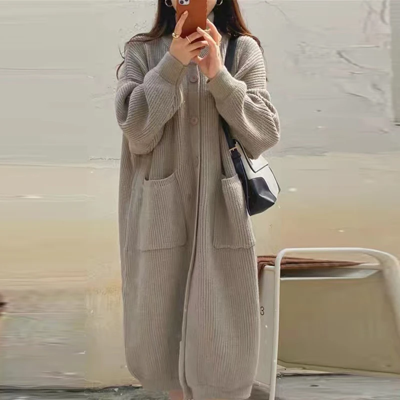 

Autumn Thicken Wool Long Cardigan Women 2023 Winter Single-breasted Pockets Knitted Coat Ladies Turtleneck Chic Knitwear Loose