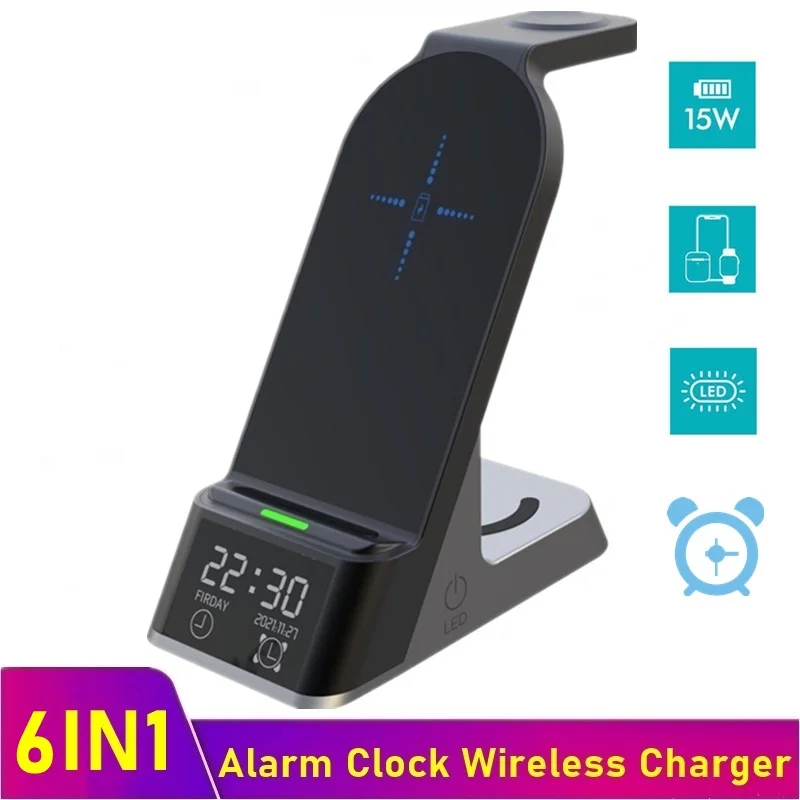 15w alarm clock qi wireless charger for iphone xs 11 12 13 pro max wireless charging station for apple watch airpods 7 6 5 4 3 2 free global shipping