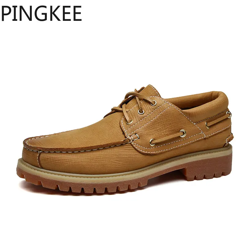 PINGKEE Rawhide Lacing Rustproof Eyelets Genuine Hand-sewn Leather Uppers Rubber Outsole Heel Cup Men Boat Driving Loafers Shoes