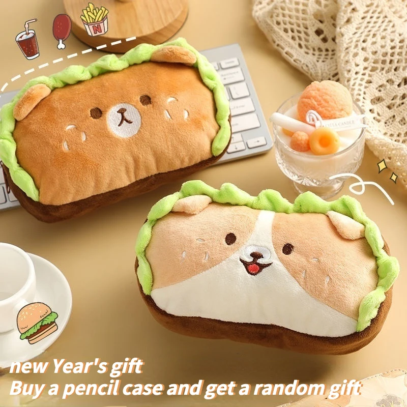 

Kawai Plush Hamburger Dog Pencil Case Student Stationery Pencil Bag Cute Large Storage Bag School Supplies Cute Bag