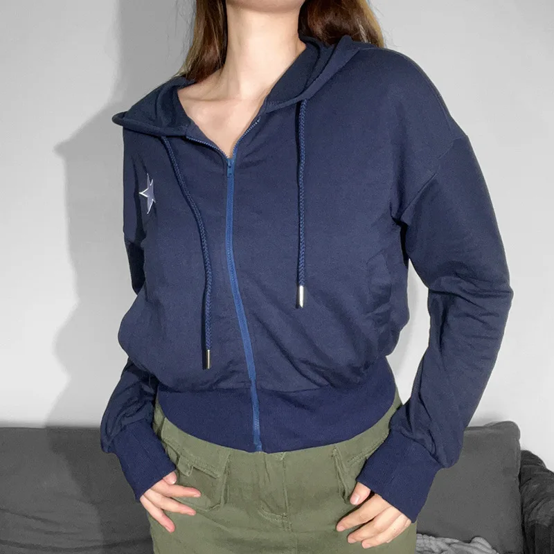 

Women Hoodies Grunge Vintage Coat Star Print Long Sleeve Zipper-Up Drawstring Hooded Jackets Spring Fall Casual Short Outerwear