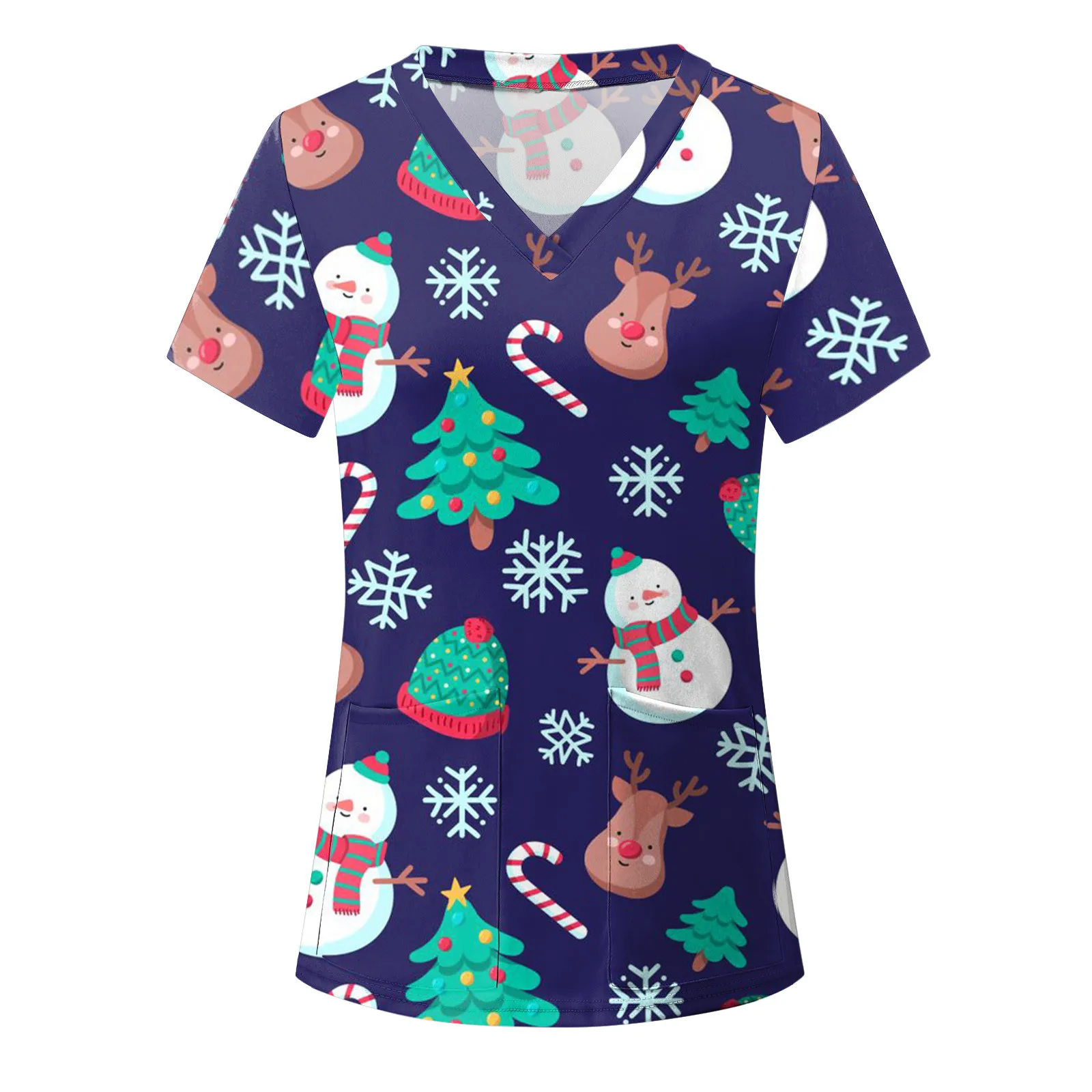 Blusa con cuello en V de manga corta para mujer, blusa de cuello alto para mujer, uniforme de enfermera, Tops exfoliantes de Navidad, 2022
