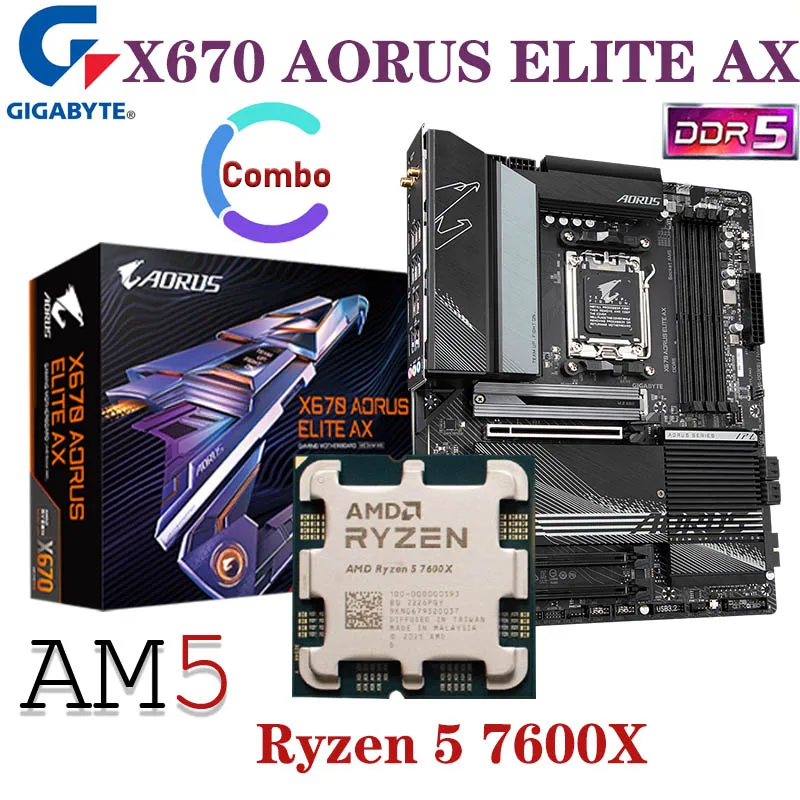 

AM5 Gigabyte X670 AORUS ELITE AX Motherboard + AMD R5 7600X Kit Ryzen 7000 Series CPU X670 Mainboard AM5 Combo DDR5 128GB New