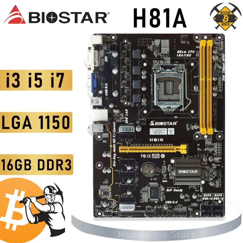 

Материнская плата LGA 1150 BIOSTAR H81A для майнинга i7 i5 i3 Intel CPU 1150 BTC ETH Intel H8, материнская плата для майнинга 1150 DDR3 16 ГБ LGA 1150, б/у