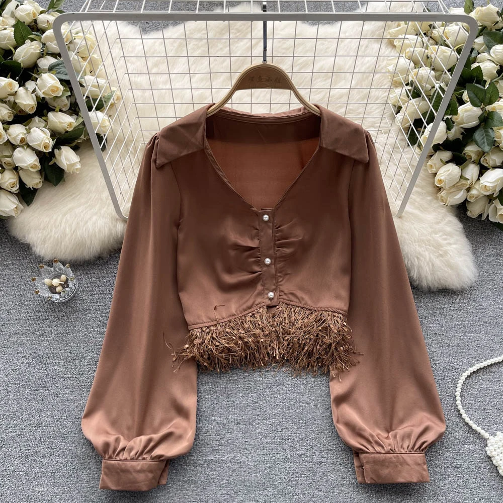 

Spring new V-neck single-breasted long-sleeved shirt female Korean version of chic chic tassel short French shirt