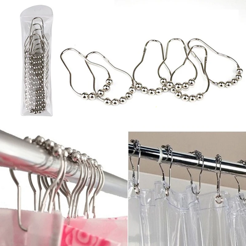 

12Pcs/Set Stainless Steel Roller Ball Bath Shower Curtain Rings Hanging Hooks