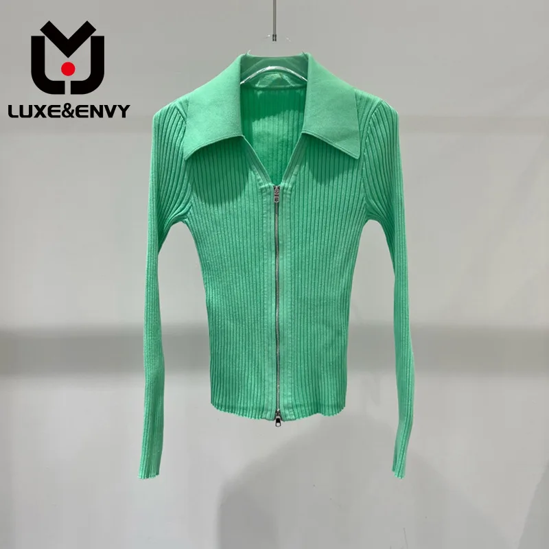 LUXE&ENVY Versatile Fit Rib Double Zipper Dark Green Designer Sweater Fashion Tops Cardigan 2023 Spring New Women's