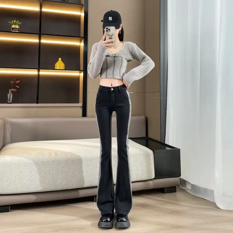 

Женские расклешенные джинсовые брюки, черные модные хлопковые джинсы с высокой талией, модель 2023 года, уличная одежда Y2k, повседневные штаны с индивидуальным дизайном