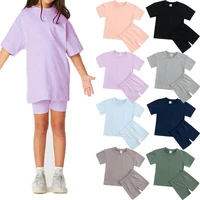 t shirts solid elastic waist skinny shorts sets summer girls clothes children short sleeve sportsuit 2pcs baby outfits teenage