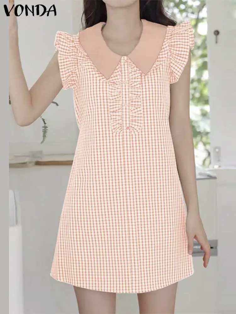 

VONDA Women Ruffle Dress 2023 Vintage Doll Neck Patchwork Sundress Sexy Sleeveless Plaid Dress Beach Vestidos Loose Mini Robe