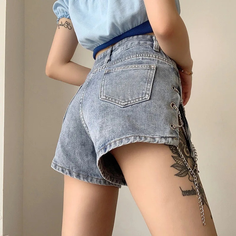 Harajuku Denim Shorts with Chain Summer Women Sexy Solid Colors High Waist Straight Shorts Y2k Streetwear Buckle Wear Slim Split