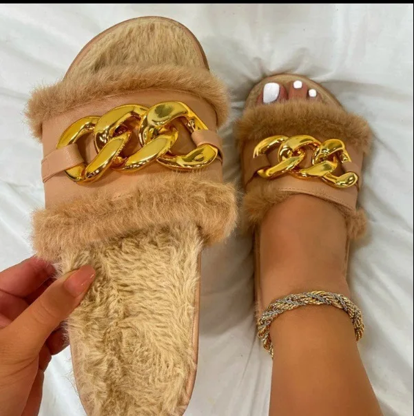 2021 Winter Plush Slippers Fashion Open Toe Solid Color Women's Sandals Metal Chain Outdoor Casual Women's Shoes  Fashion Shoes