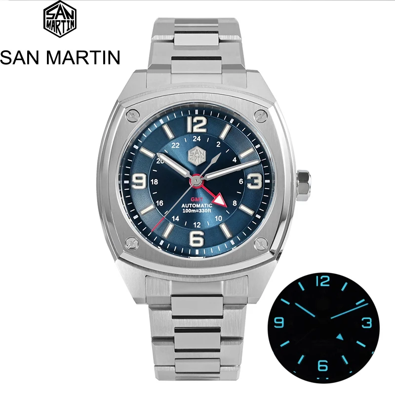 

Мужские часы San Martin с оригинальным дизайном GMT 40 мм Роскошные автоматические механические часы для мужчин сапфировые водонепроницаемые зеркальные наручные часы