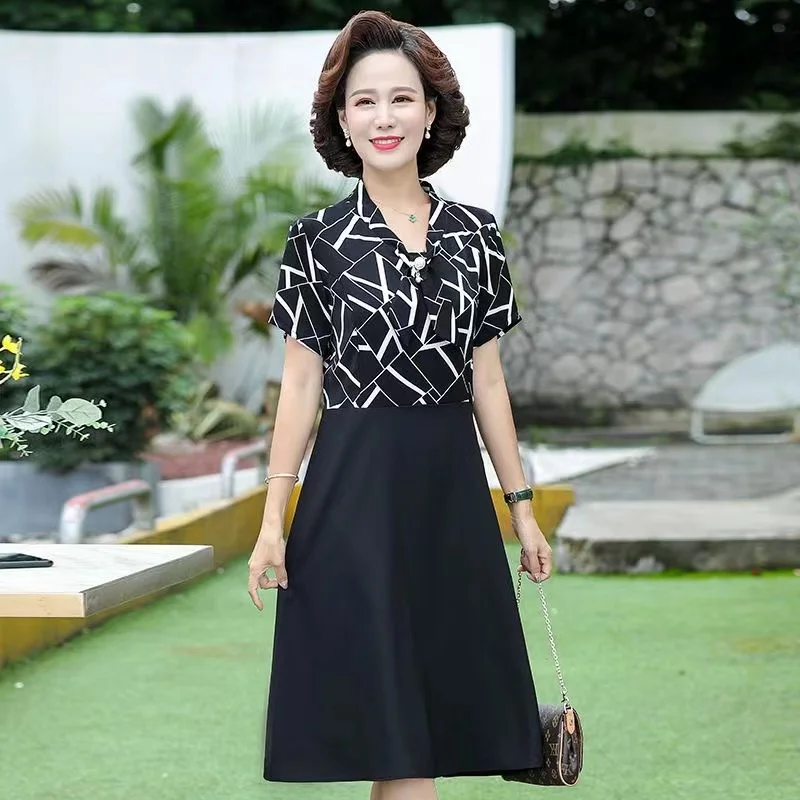 

EE31 New middle-aged mom summer chiffon dress with a stylish waistband that looks slimmer for middle-aged and elderly women