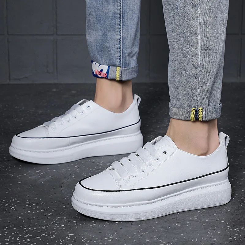 

Korean style mens leisure white shoes lace-up flats shoe breathable original leather sneakers youth platform footwear chaussure