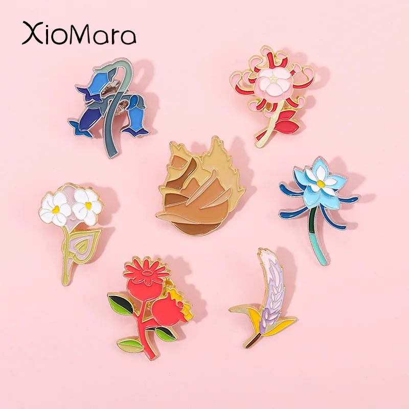 

Flame Frozen Liyue Flower Enamel Pins Genshin Impact Game Element Props Brooches Lapel Badges Plant Jewelry Gift For Game Player