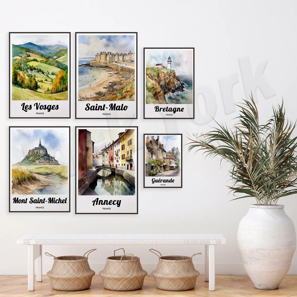 Бриттани Clermont-Ferrand Toulouse Colmar Rennes Angers Vosges Reims Mont Saint-Michel акварельный постер для
