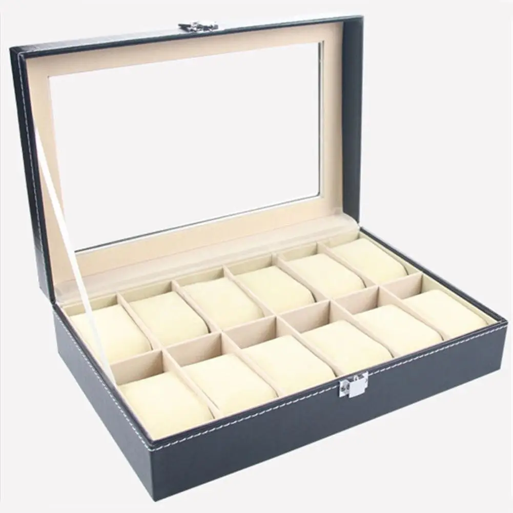 With Large Glass Lid Removable Soft Pillows Leather Watch Case Portable Storage Case Gift Jewelry Organizer