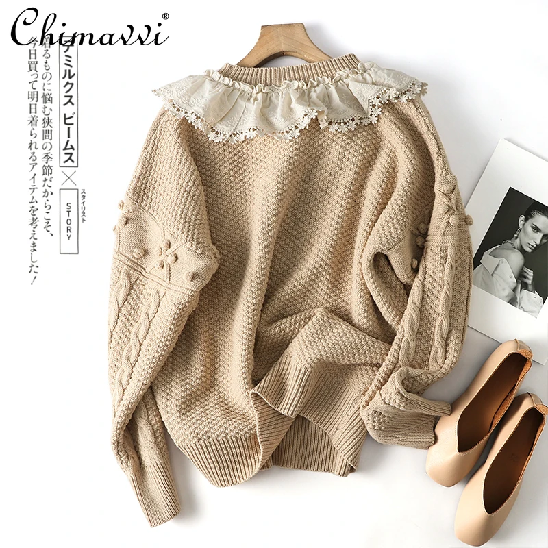 Японский новый осенне-зимний шерстяной пуловер смешанный витой цветок лотос