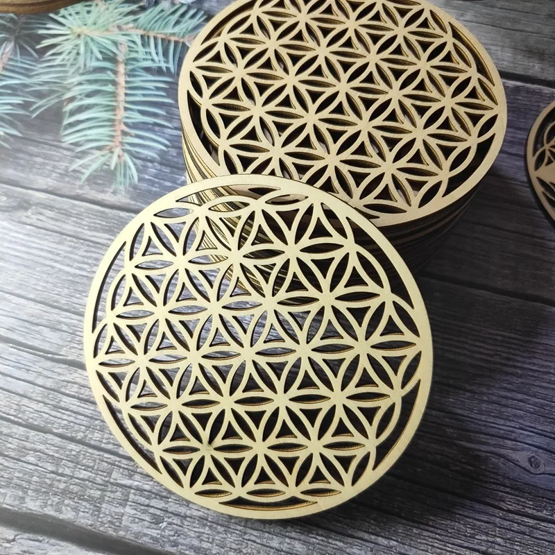 

10pcs/lot Flower of Life Natural Symbol Wood Round Edge Circles Carved Coaster For Stone Crystal Set DIY Decor Mats Pads