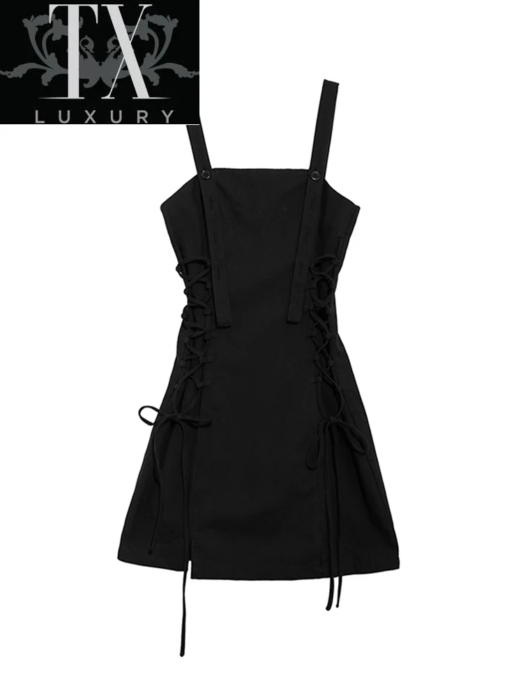 

Tie Up Bandage Black Slim Bodycon Dress Woman Spring Basic Sleeveless Slit Irregular Mini Dresses Ladies Skinny Casual Fashion