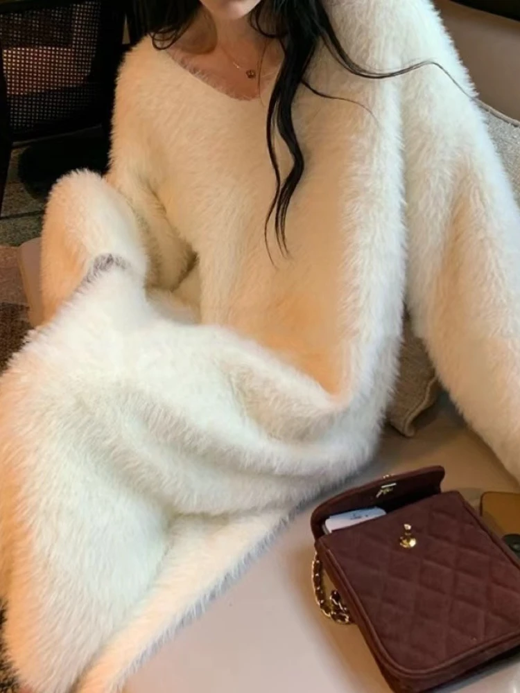 

Женское платье-свитер, вязаное платье средней длины из норкового флиса на осень и зиму, модный Свободный пуловер для ленивых, свитер, женская одежда