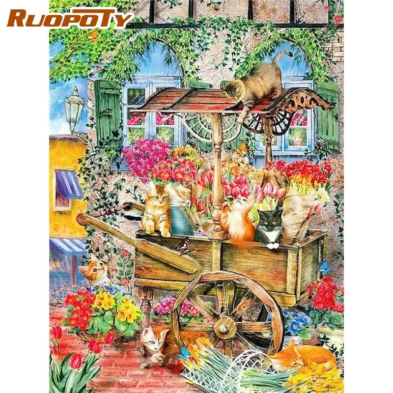 

RUOPOTY Modern Picture Painting By Numbers With Frame Cats Acrylic Paint By Numbers Animals Handicrafts For Home Decors