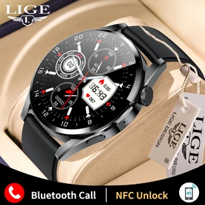 LIGE NFC Smart Watch AMOLED Men Bluetooth Call Smartwatch Voice Assistant Music Speaker Watch Wireless Charger Clock for Huawei