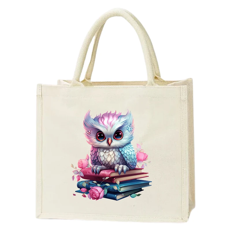 Фиолетовая женская холщовая сумка с совой хлопковая подарочная и для покупок