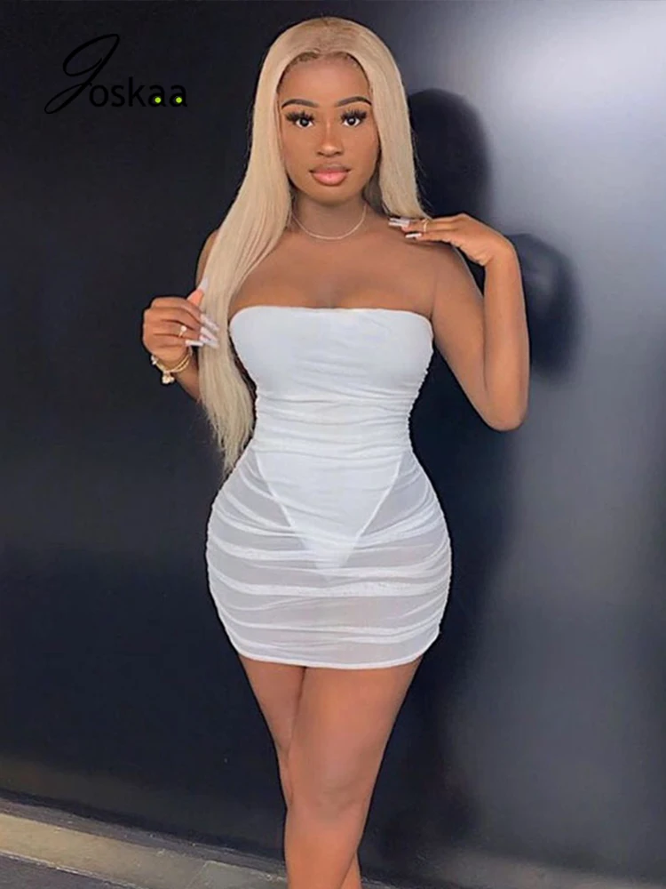 

Joskaa Sexy Wrap Women Summer Mesh Sheer Mini Dress Summer Night Club Birthday Vacation Lady Clothes 2021 Pleated Party Dresses