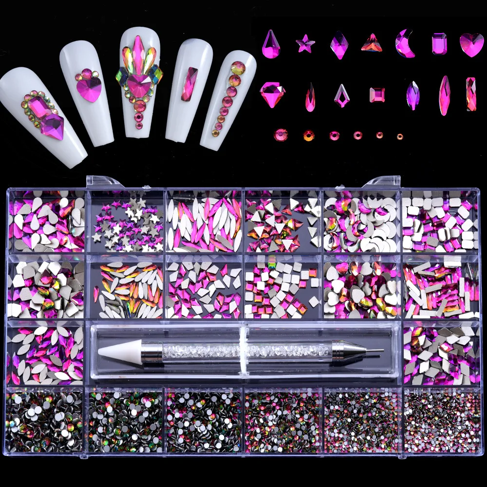 

Hot Sale 21 Grid Boxed Manicure Jewelry Flat Glass Fancy Shape Diamonds DIY Nail Rhinestone Nail Beauty Ornament Set