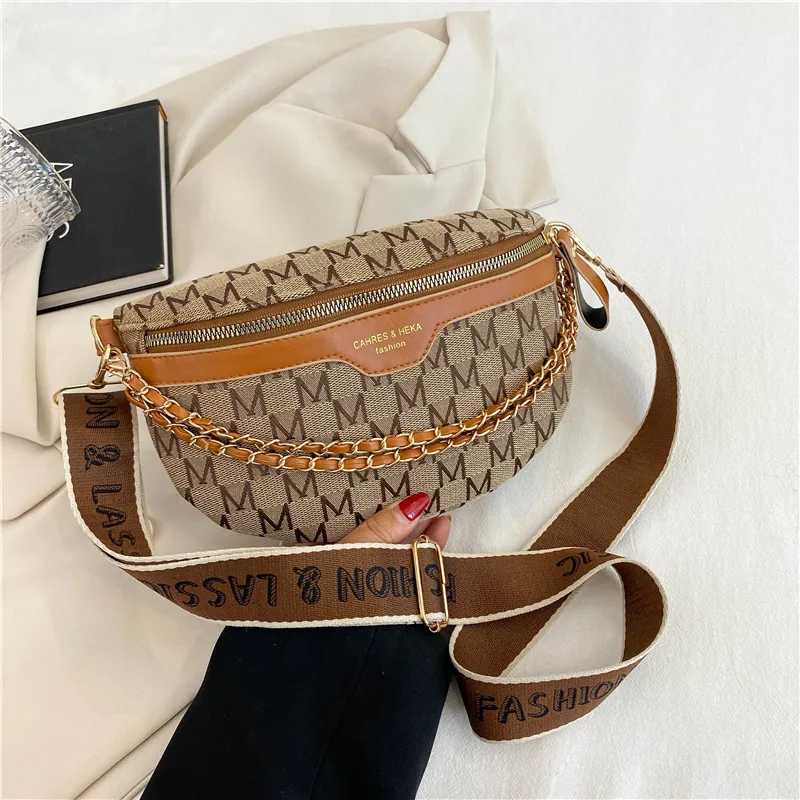 Fashion Chain Waist Bags Female Waist Pack Ladies Strap Crossbody Canvas Bags Printed Letter Plaid Pattern Fanny Pack for Women