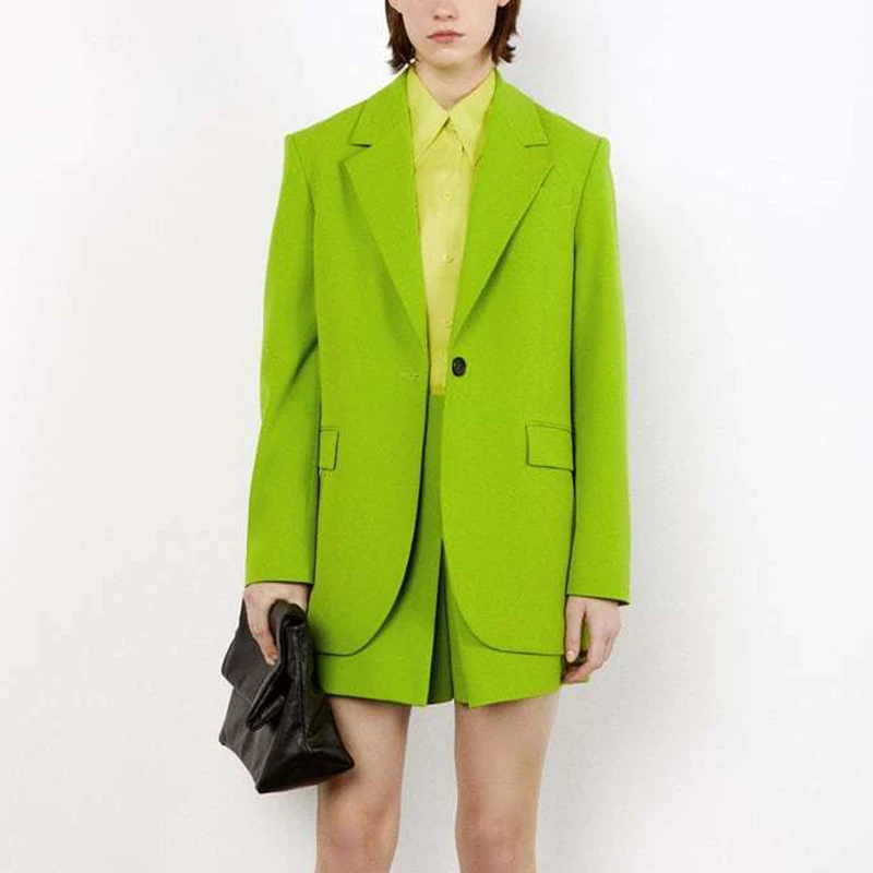 

2022 Spring Women Fashion Green Blazer Casual Loose Long Sleeve Single Button Notched V-neck Female Outerwear Chic Top CD8427