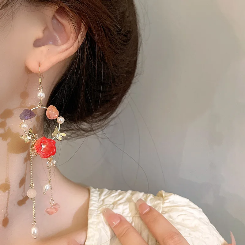 

Silver Needle Asymmetric Natural Stone Pearl Butterfly Crystal Tulip Tassel Earrings Forest Super Fairy Female