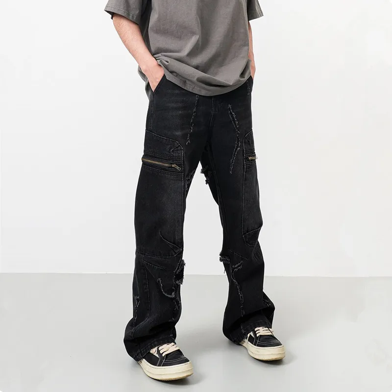 

2023 Y2K уличная одежда, Черные Мешковатые рваные штаны-карго из многослойного Джинса, Мужская одежда, дизайнерские хлопковые длинные брюки на молнии, мужские брюки