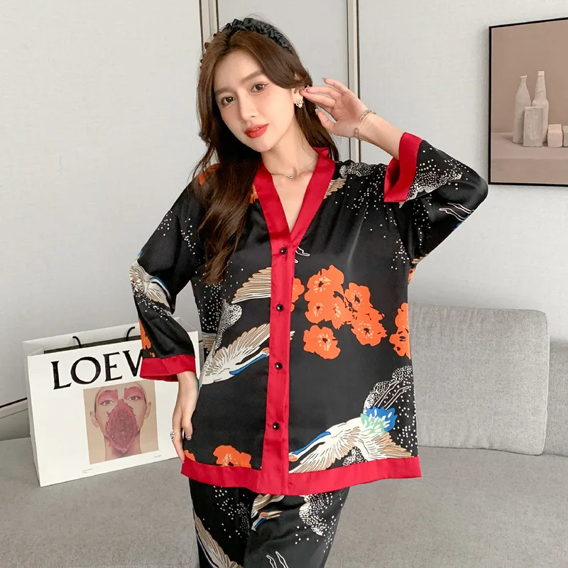 FALLINLAOE Printed Fashion Women Pajama Set Ice Silk Long Sleeve Suit Pyjamas Casual V-Neck Sleepwear