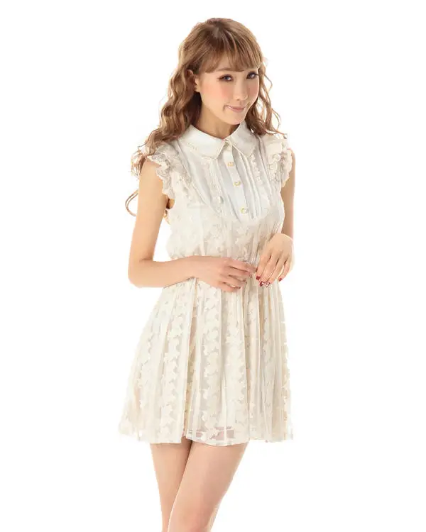 

SALES Japan Liz Lisa Whole Lace Shirt Collar Mock Two Pieces Mini Dress