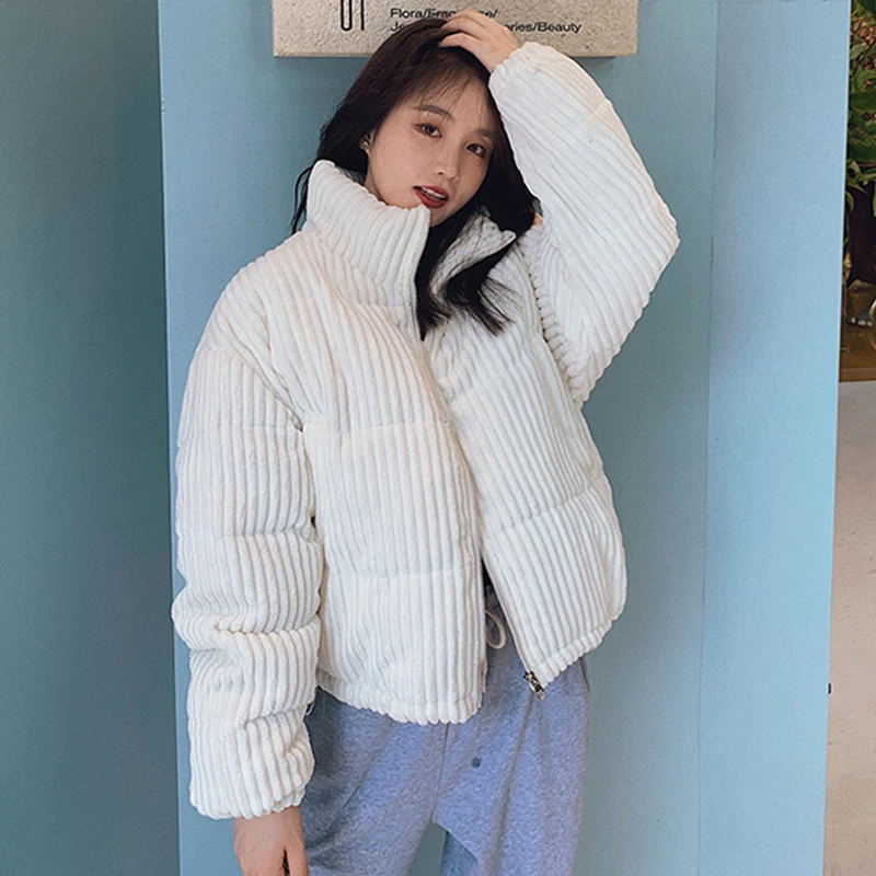 Women 2021 Stand Collar Black White Korean Style Solid Corduroy Jacket Winter Parkas Female Warm Cotton Padded Short Coats Woman