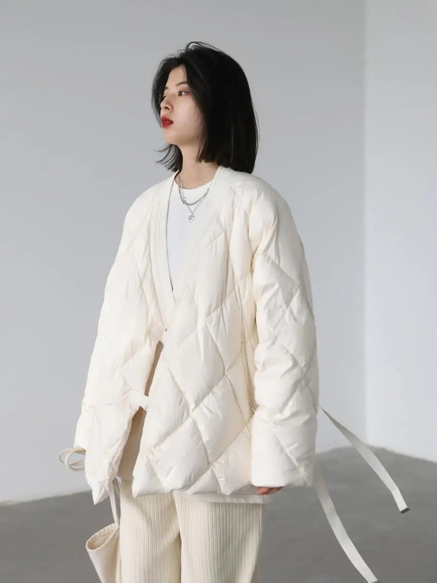 Autumn and winter new cool wind slant placket loose light white duck down down jacket women